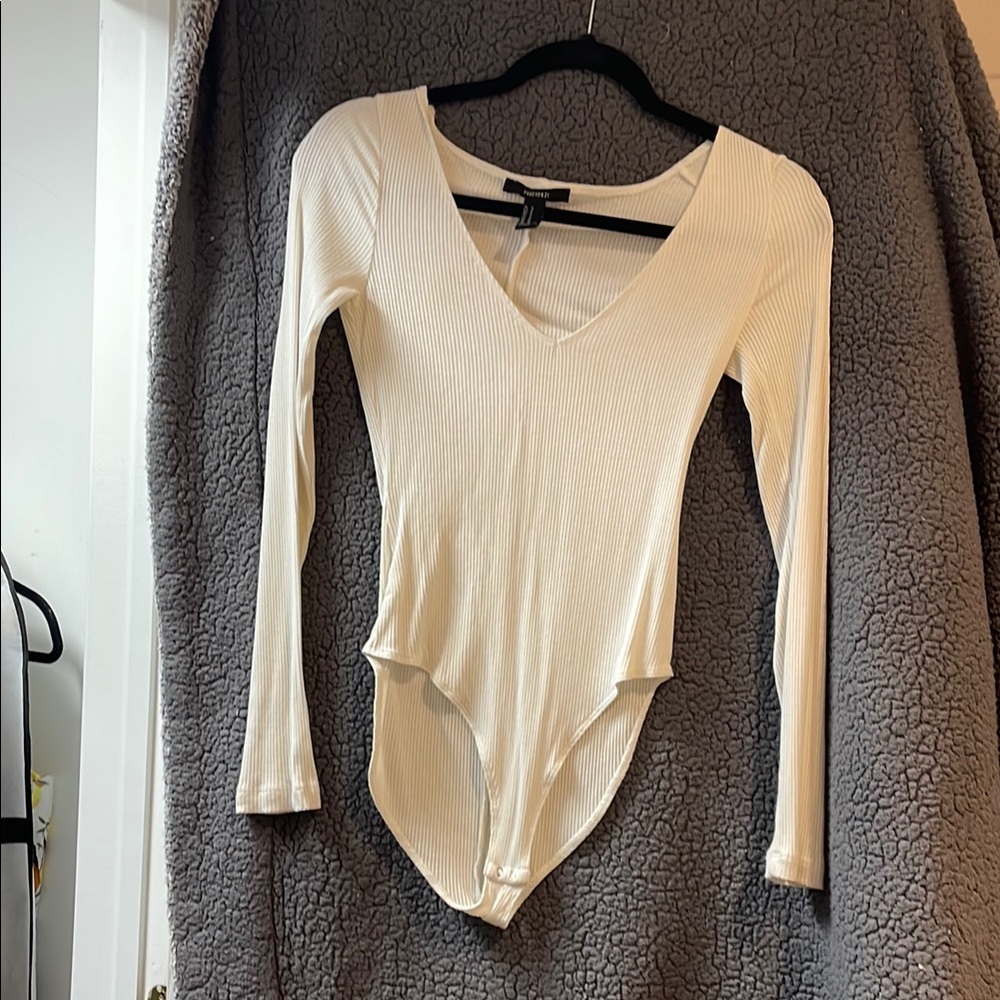 Forever 21 Cream Asymmetrical Long Sleeve Bodysuit